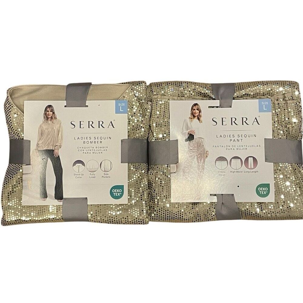 Serra Gold Sequin Bomber Joggers Pants Track Set Size Large Glam‎ Glitzy Disco